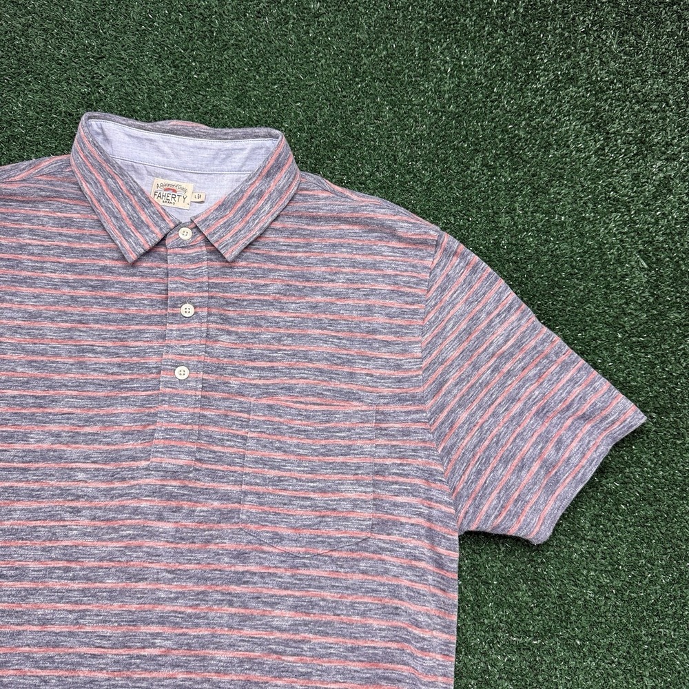 Faherty Men's Short Sleeve Polo Shirt Size Large Gray Pink Striped